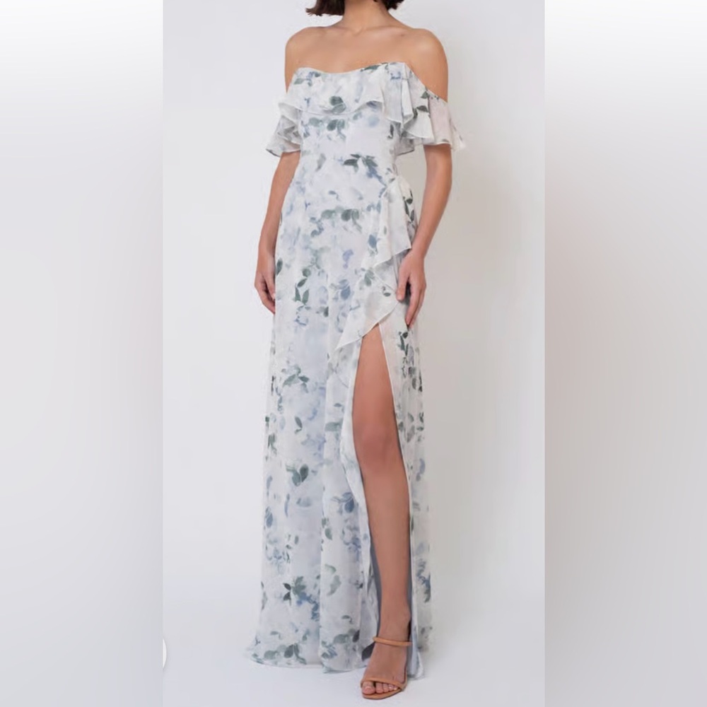 Jenny Yoo White and Blue Off-Shoulder Floral Dress- includes attachable straps